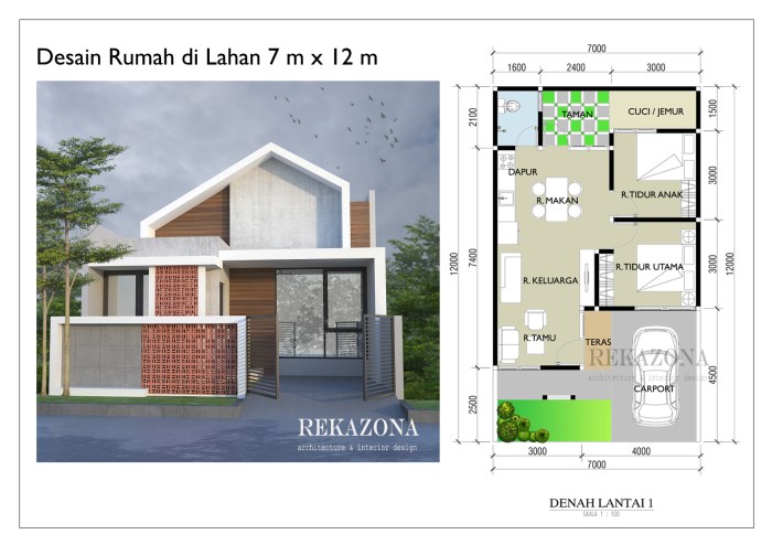 Desain rumah luas tanah 7x12m 2 lantai